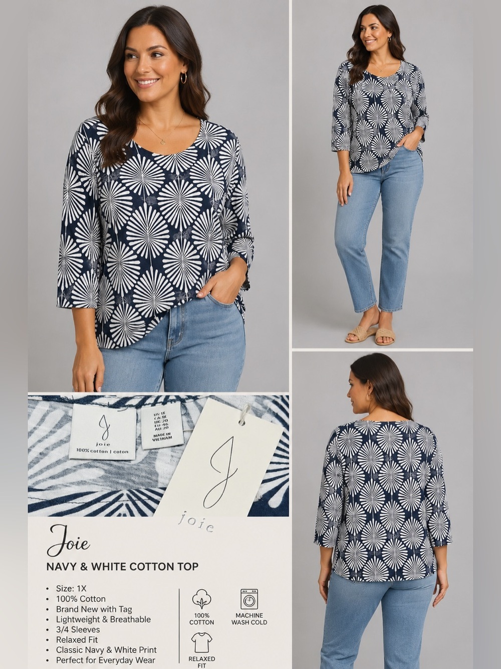 Joie Navy & White Palm Leaf Print Top | Size 1X | 100% Cotton | NWT Lightweight